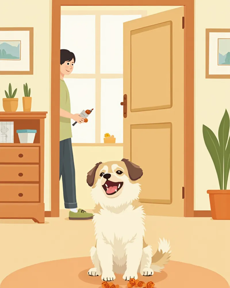 현관에서 간식 퍼즐을 사용하는 강아지