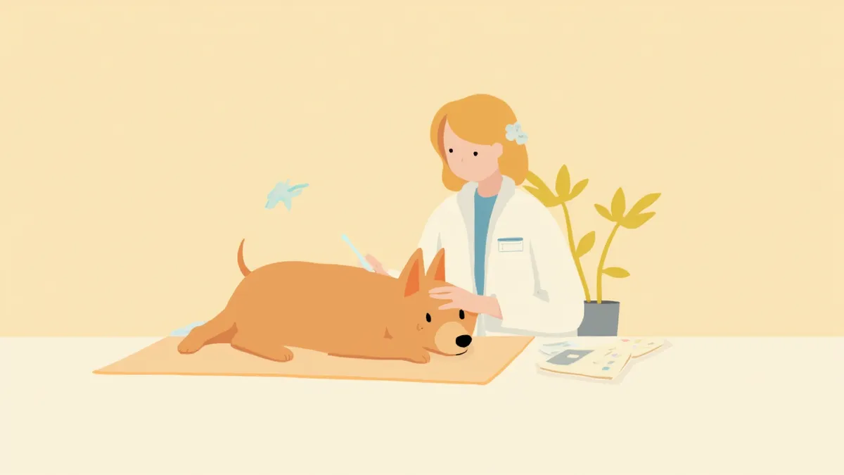 동물병원에서 진드기 감염 증상을 진단받는 강아지