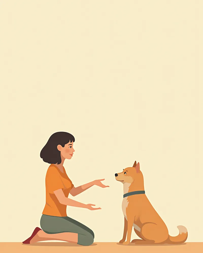 보호소 놀이방에서 자원봉사자에게 조심스럽게 다가가는 유기견