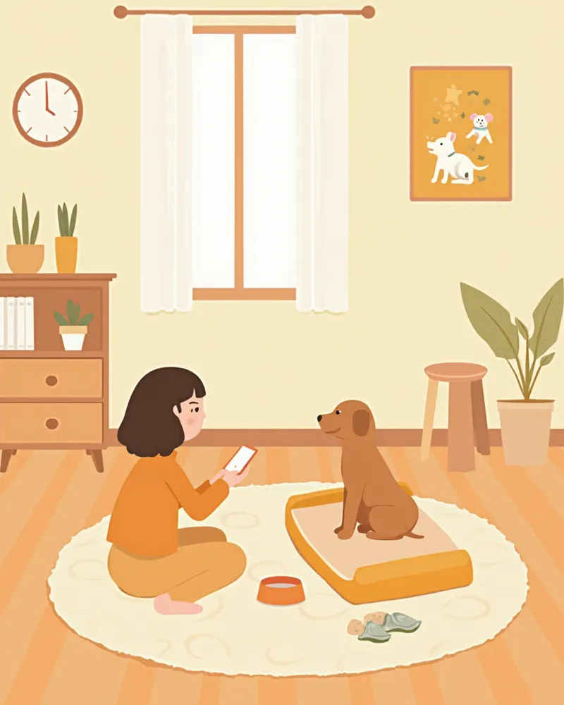 집에 도착한 유기견을 위한 편안한 공간을 준비하는 보호자