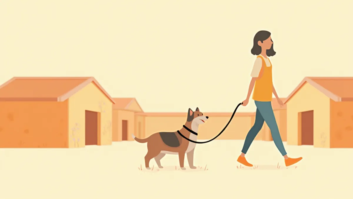 보호소 마당에서 유기견과 산책하는 봉사자