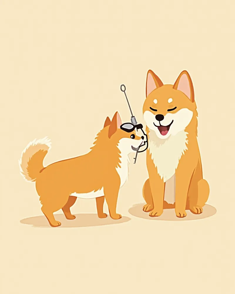 수의사가 시바이누 귀를 검사하는 모습