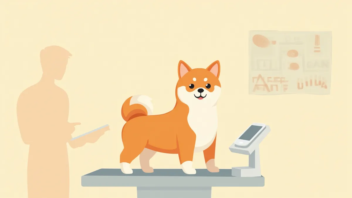 동물병원에서 체중 측정 검진을 받고 있는 시바이누