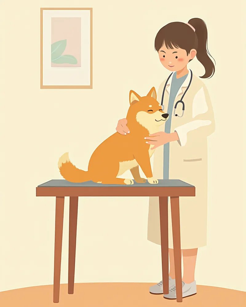 수의사에게 슬개골 검진을 받고 있는 어린 시바이누