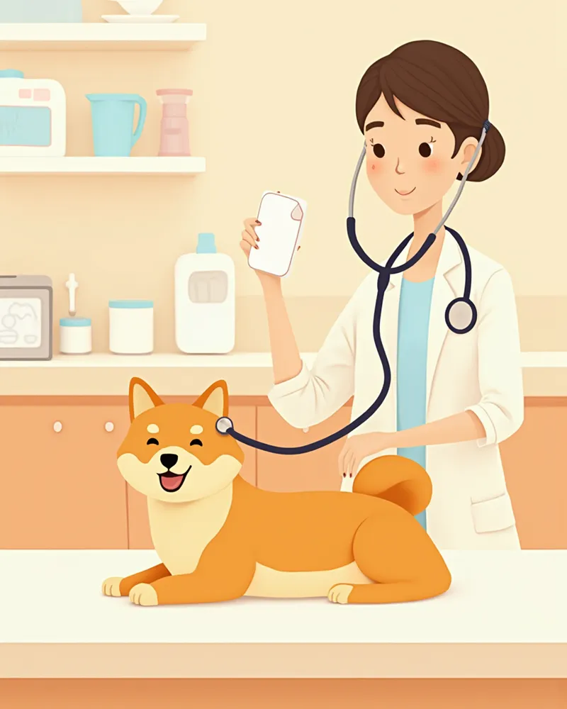 성견 시바이누가 청진기로 심장 검사를 받는 모습