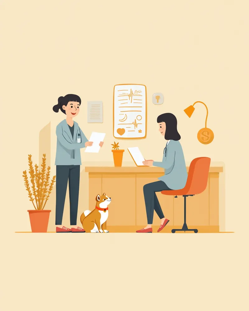 보호자가 수의사와 시바이누 검진 결과를 상담하는 모습