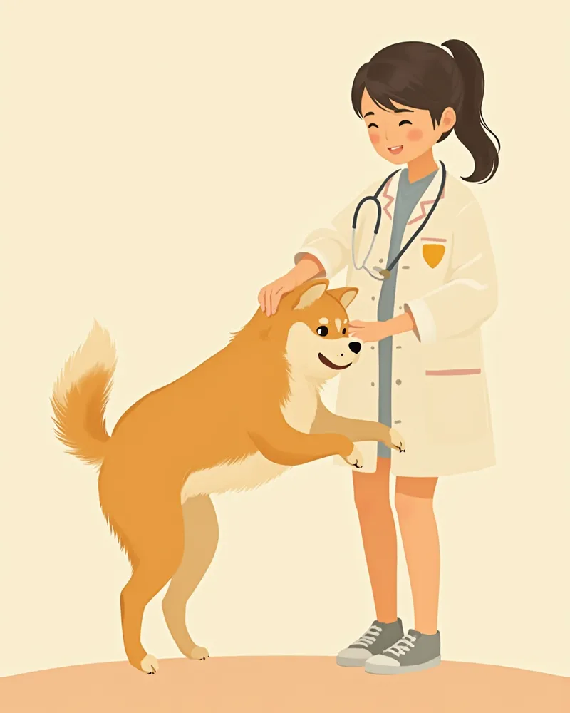 수의사에게 피부 검진을 받고 있는 시바이누