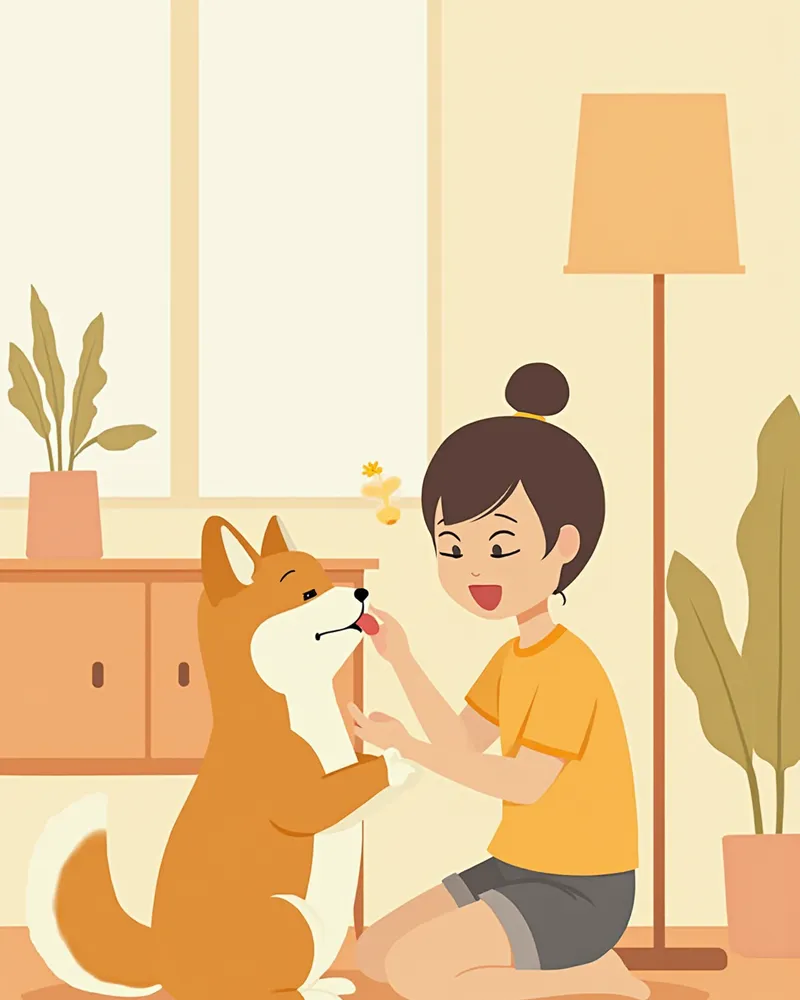 집에서 시바이누의 발과 귀를 살펴보는 보호자