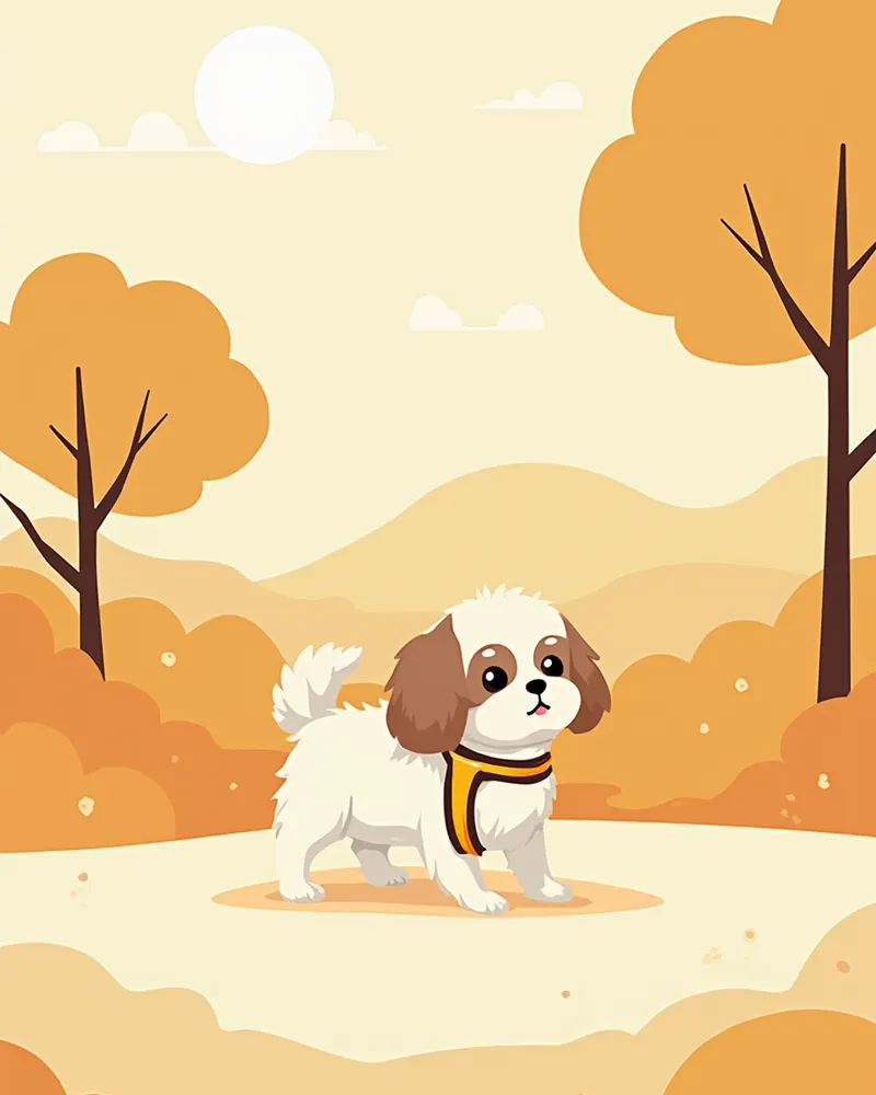 이른 아침 그늘진 산책로를 하네스 착용 후 걷는 시츄