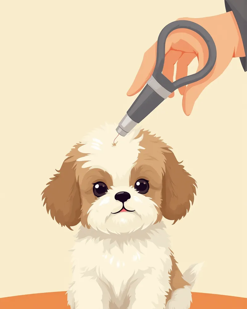 수의사에게 첫 검진을 받는 시츄 퍼피