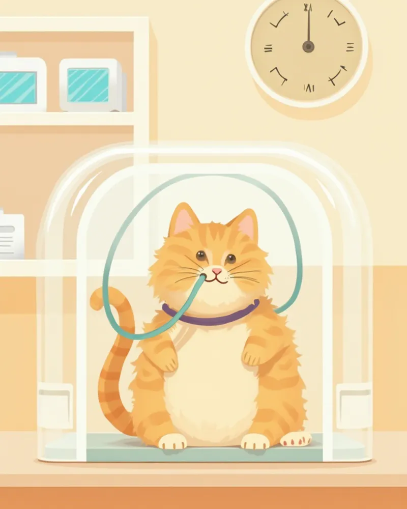 산소방 안에서 산소 치료를 받는 고양이의 모습