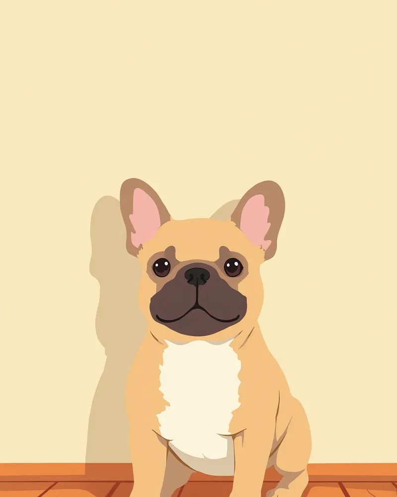 나무 바닥 위에 서 있는 프렌치 불독