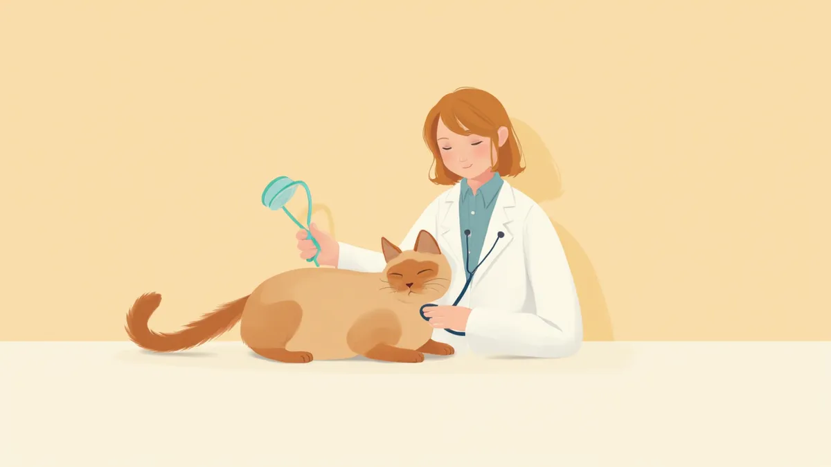 수의사가 청진기로 샴 고양이를 검진하는 모습