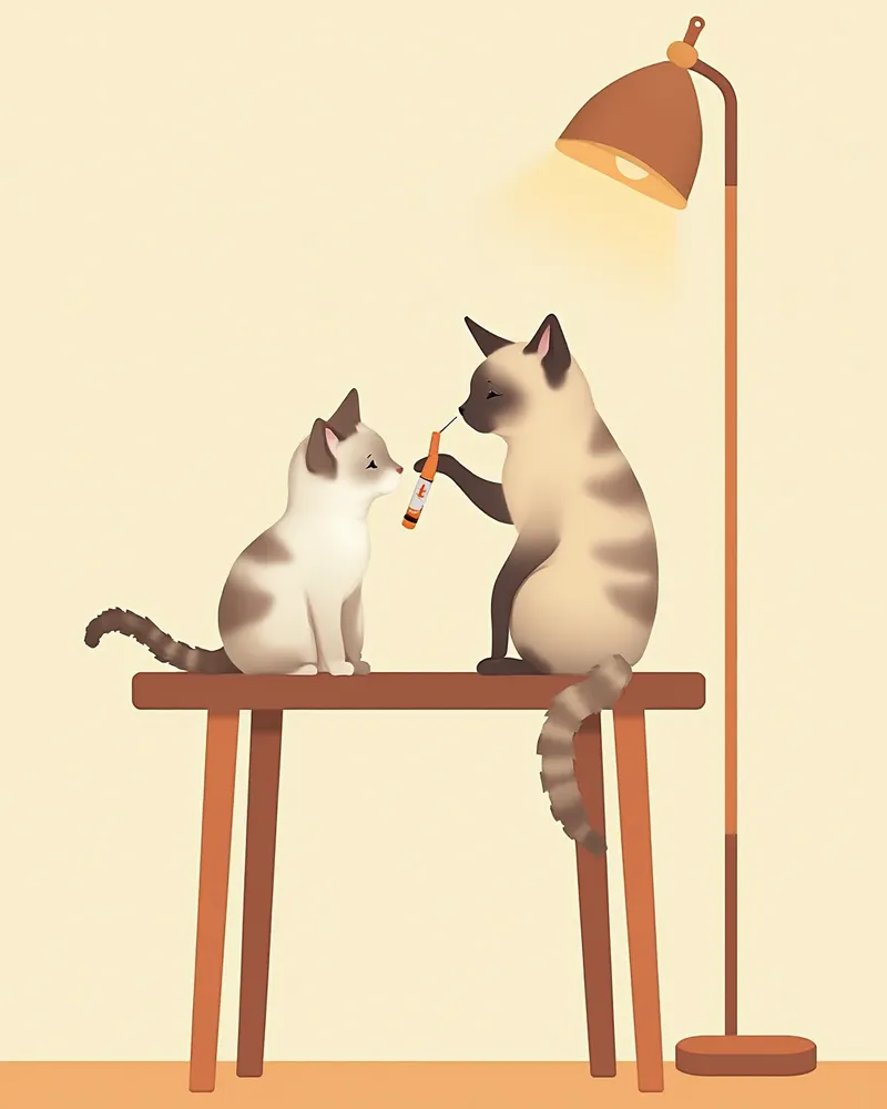 수의사가 어린 샴 고양이에게 백신을 접종하는 모습