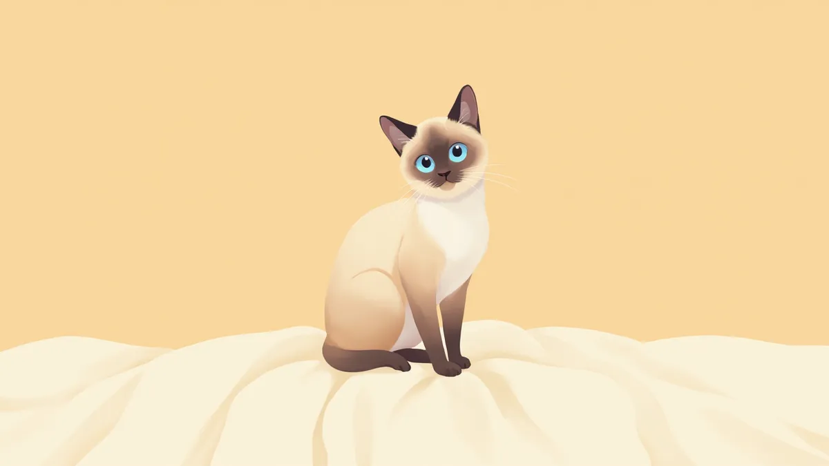 푸른 눈의 샴고양이가 부드러운 담요 위에 앉아 있는 모습