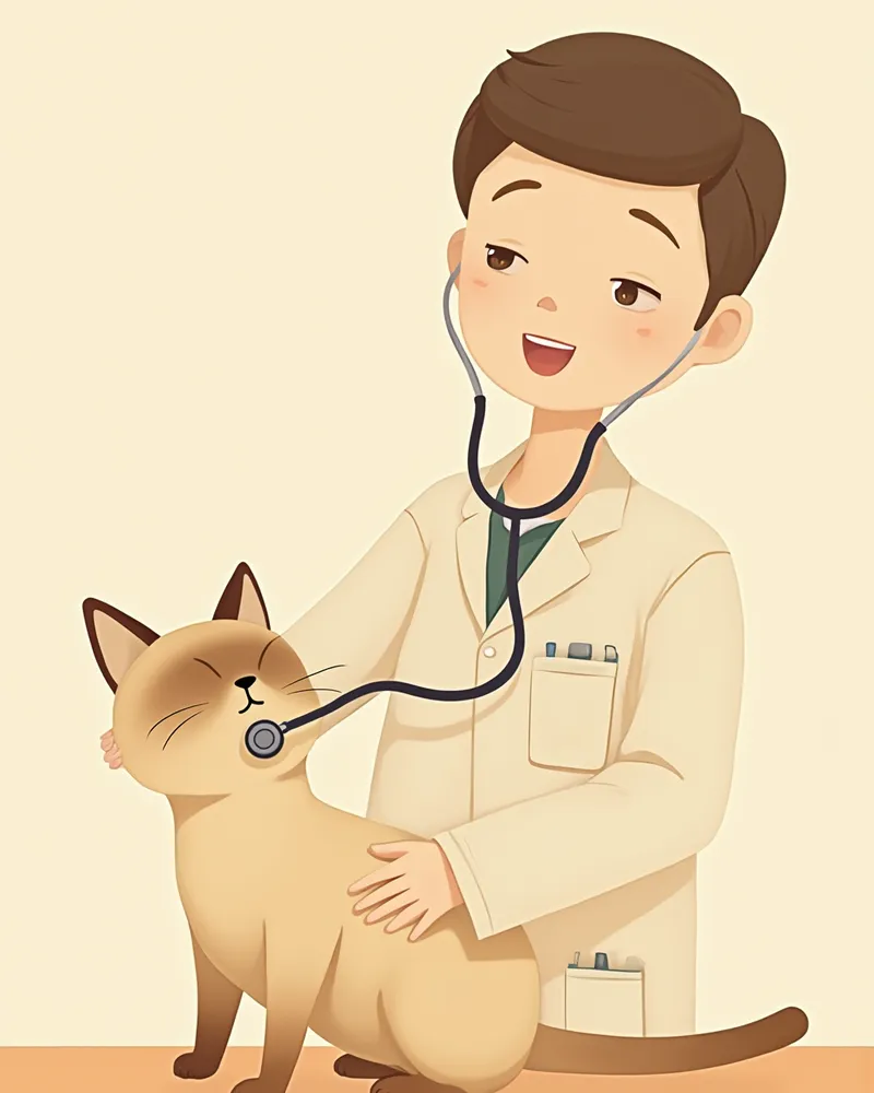 수의사가 샴고양이의 복부를 진찰하는 모습