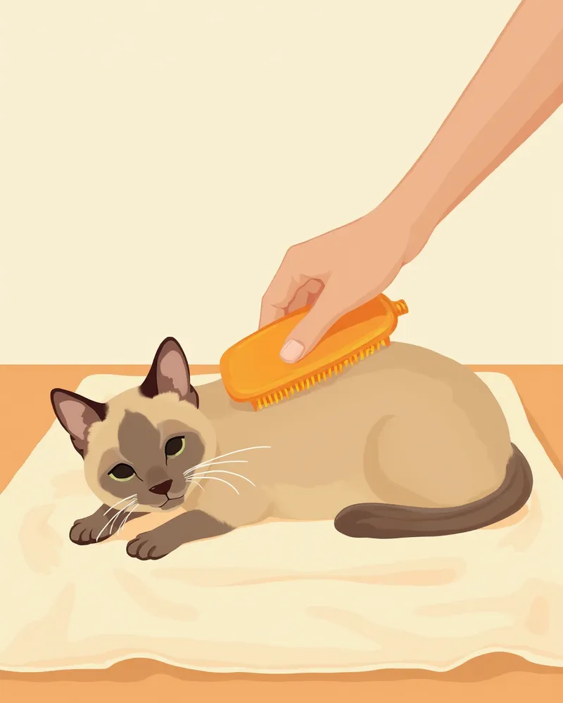 샴 고양이를 고무 그루밍 미트로 부드럽게 빗는 손