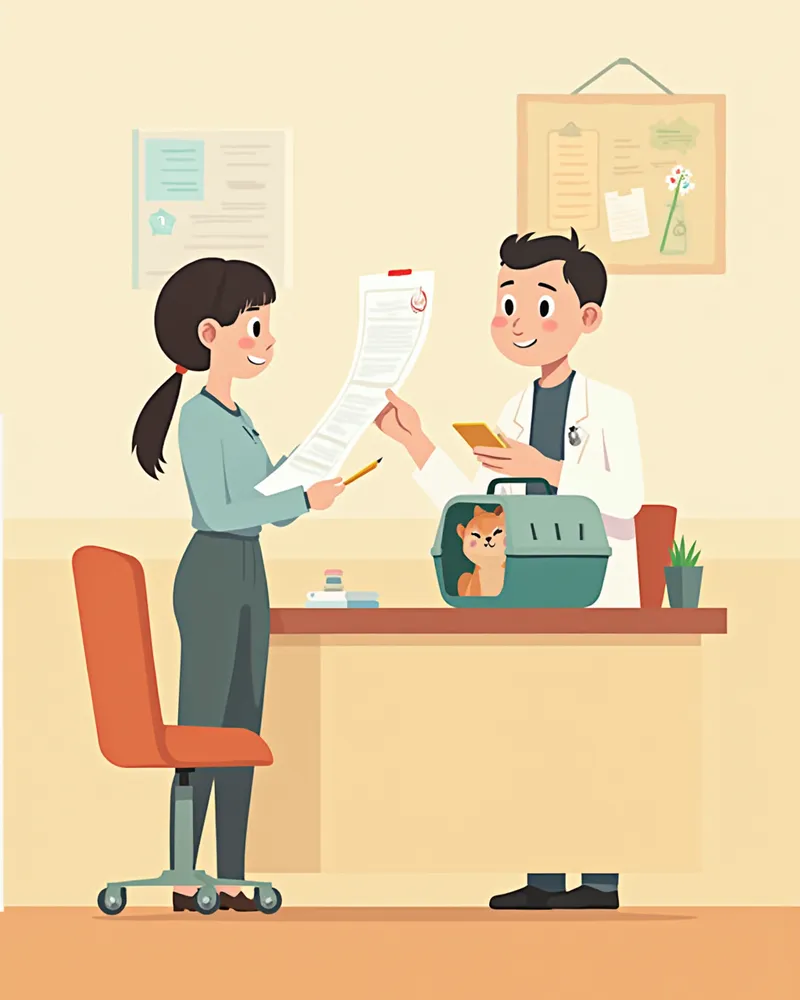 보호자에게 검진 결과를 설명하는 수의사와 시베리안 고양이