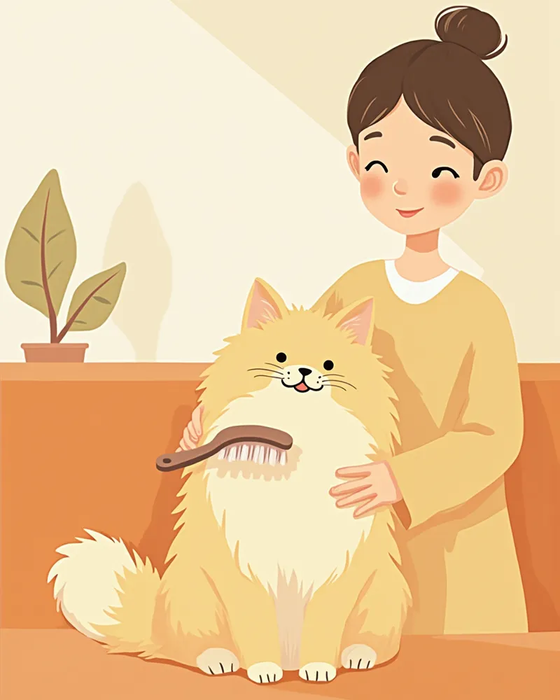 보호자가 시베리안 고양이를 빗질해주는 모습