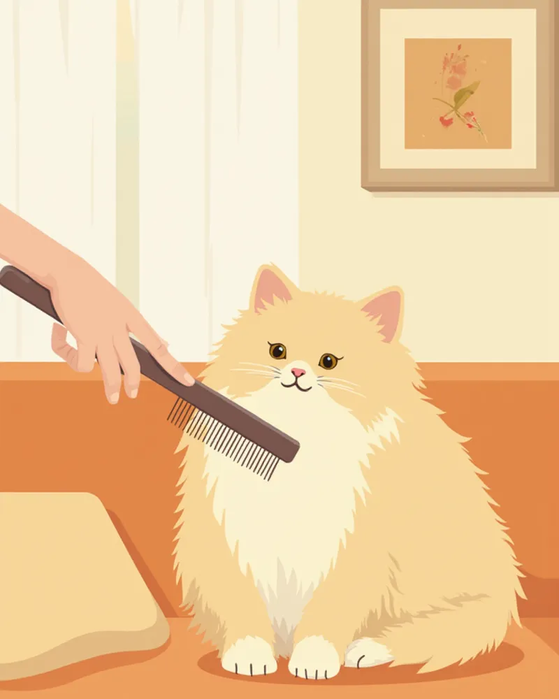 롱핀 콤으로 시베리안 고양이를 빗질하는 보호자의 손