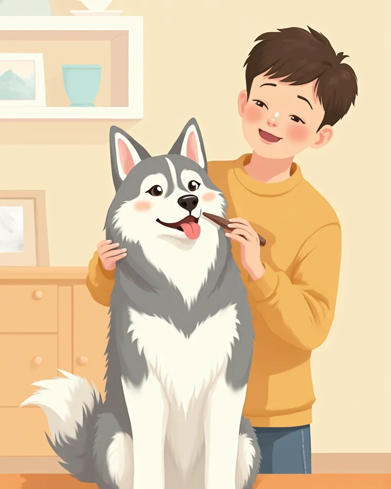 보호자가 시베리안 허스키 털을 빗질하는 모습