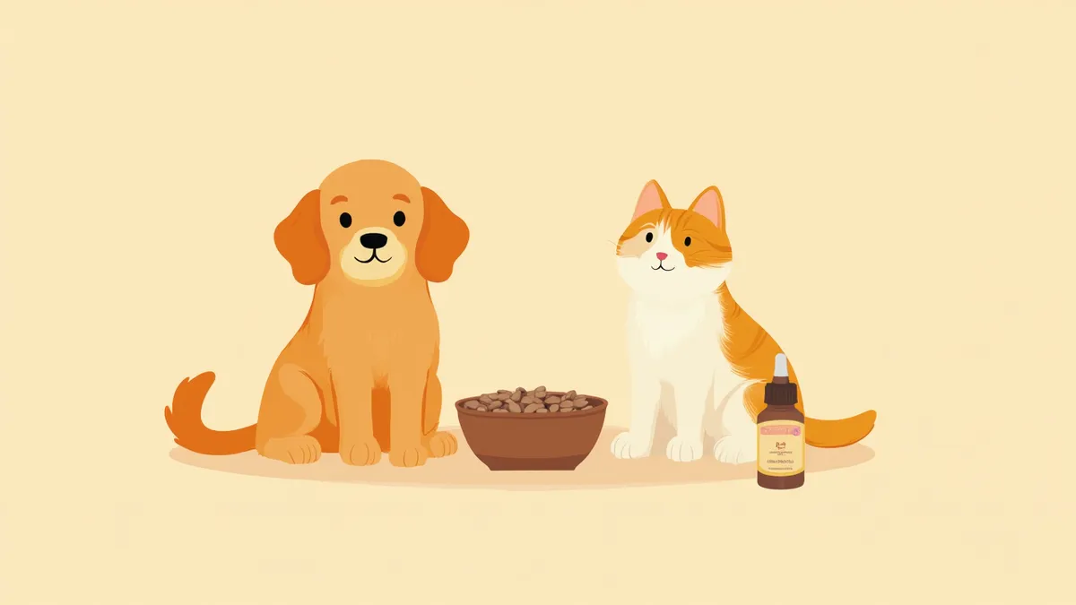 밀크씨슬 씨앗과 실리마린 추출물 옆에 앉아 있는 강아지와 고양이