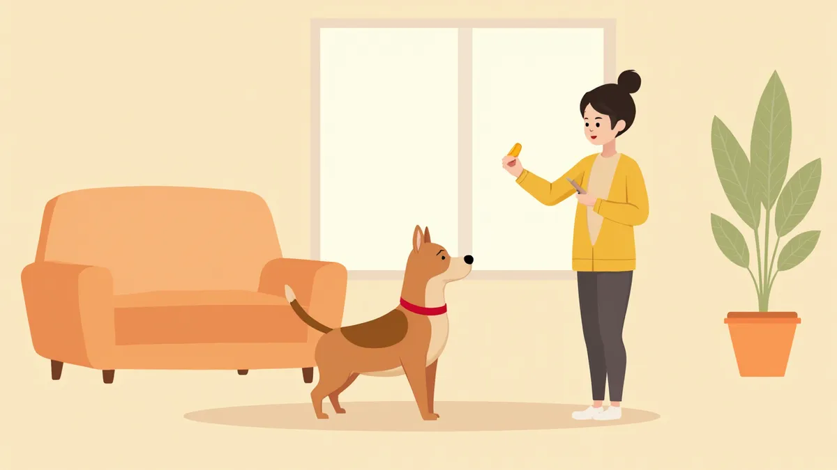 보호자와 마주 앉아 기본훈련 중인 강아지