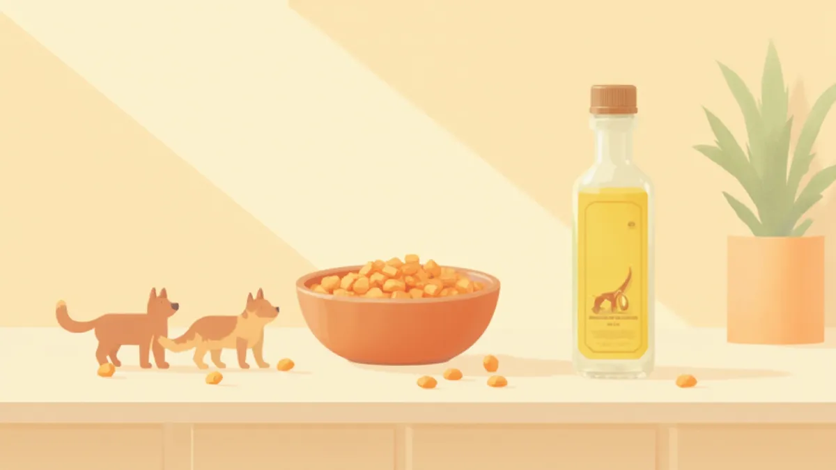 피부사료 그릇과 오메가3 오일이 놓인 주방