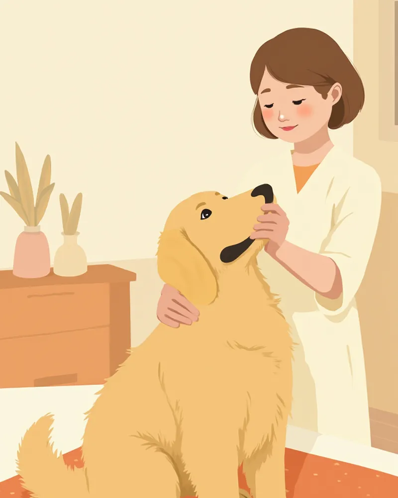 강아지가 편안한 표정으로 보호자에게 털 관리를 받는 모습