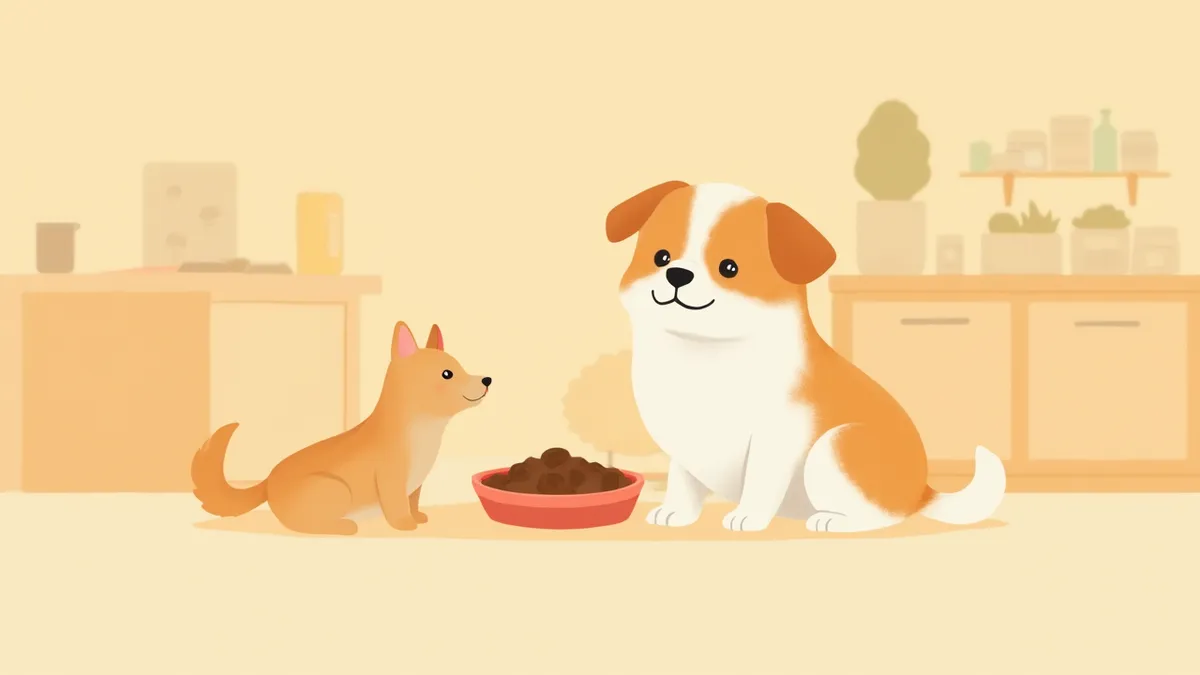 소형견과 대형견이 각자의 사료 그릇 앞에 앉아 있는 모습