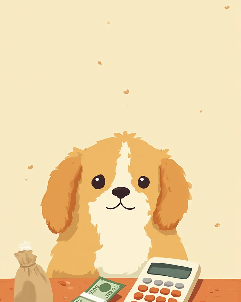 사료 한 봉지와 계산기, 지폐가 놓인 월 예산 계획 장면