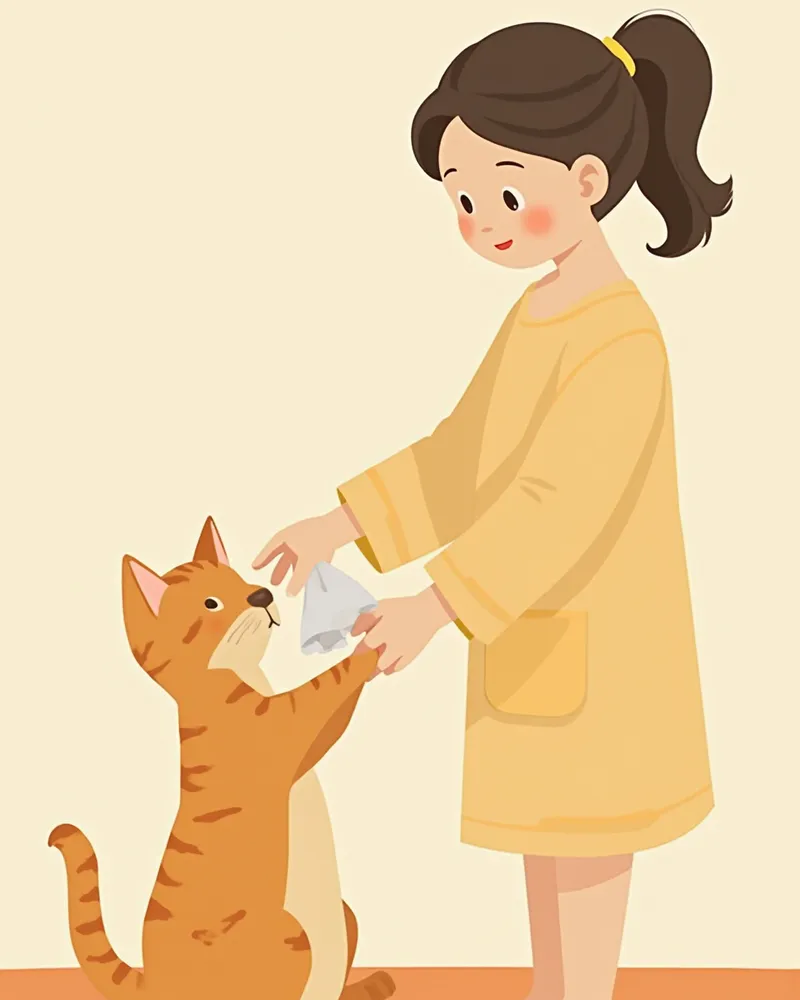 고양이의 얼굴을 부드러운 천으로 닦아주는 보호자