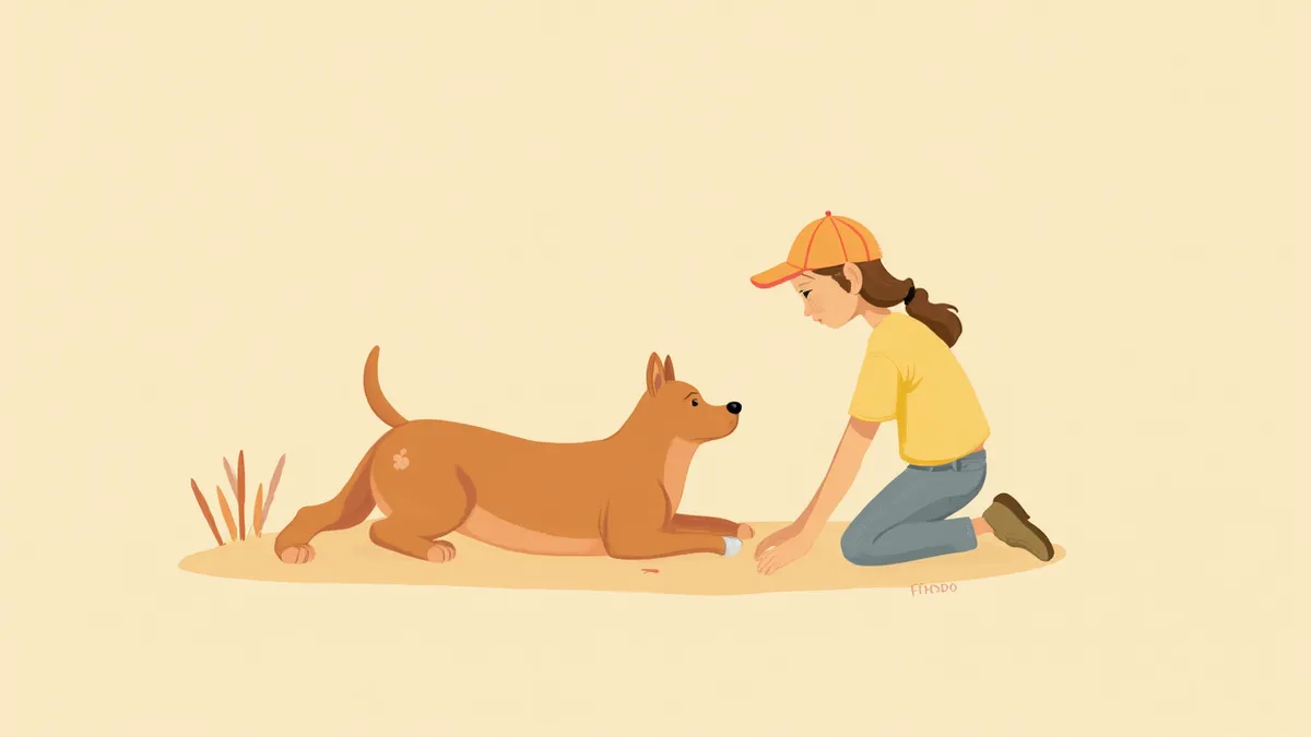 풀숲에서 뱀에 물려 앞발이 부은 강아지를 살피는 보호자