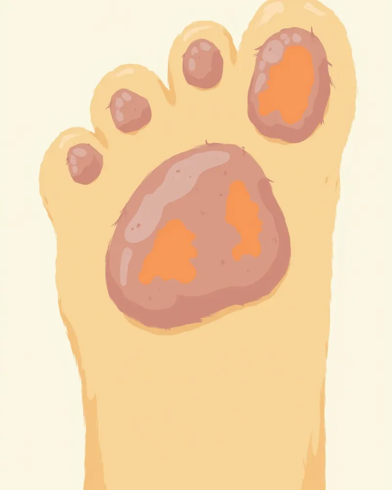 두 개의 송곳니 자국과 주변 부종이 보이는 강아지 앞발 확대 일러스트