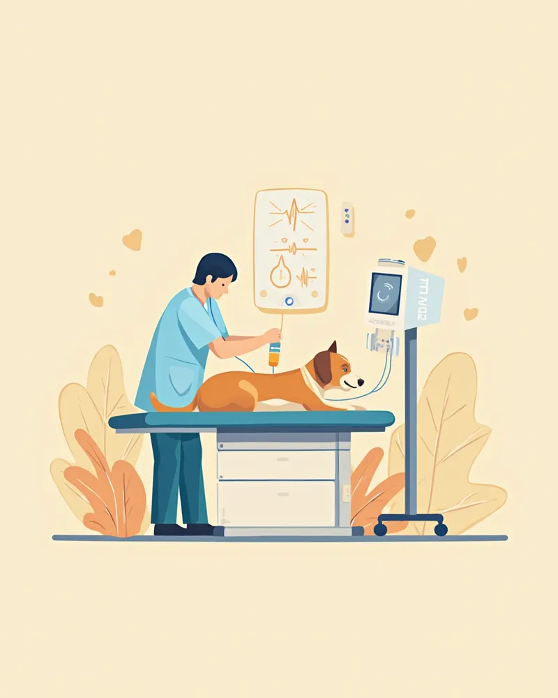 진료대에 누운 강아지에게 수액을 투여하며 상태를 모니터링하는 수의사