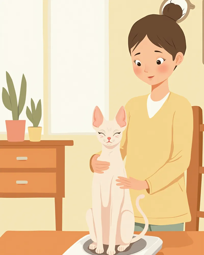 집에서 스핑크스 체중을 측정하는 보호자