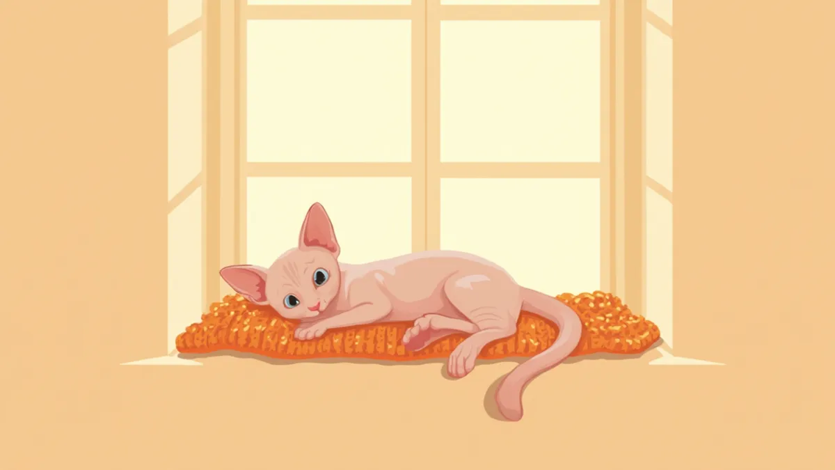 햇살 아래 담요 위에 누워 있는 스핑크스 고양이