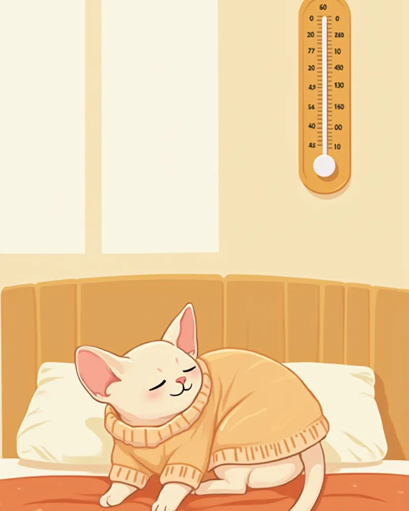 옷을 입고 따뜻한 실내에서 쉬는 스핑크스 고양이