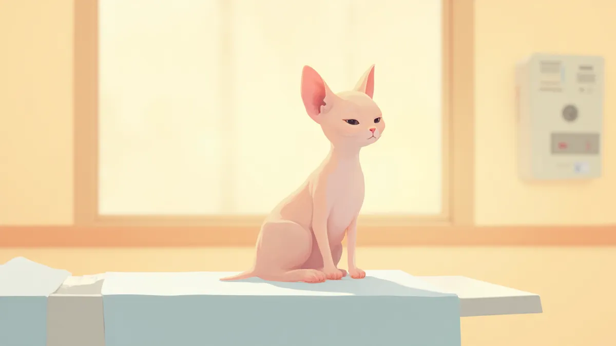 동물병원 진료대 위에 앉은 스핑크스 고양이