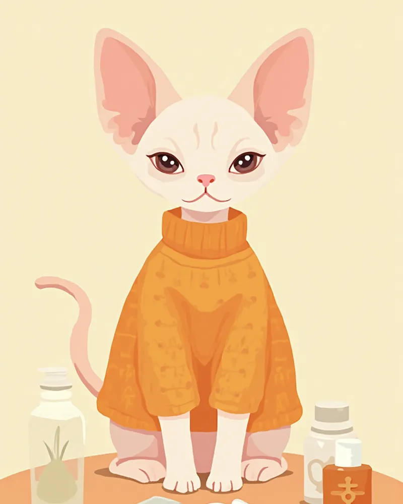 따뜻한 옷을 입고 있는 스핑크스 고양이와 관리 용품