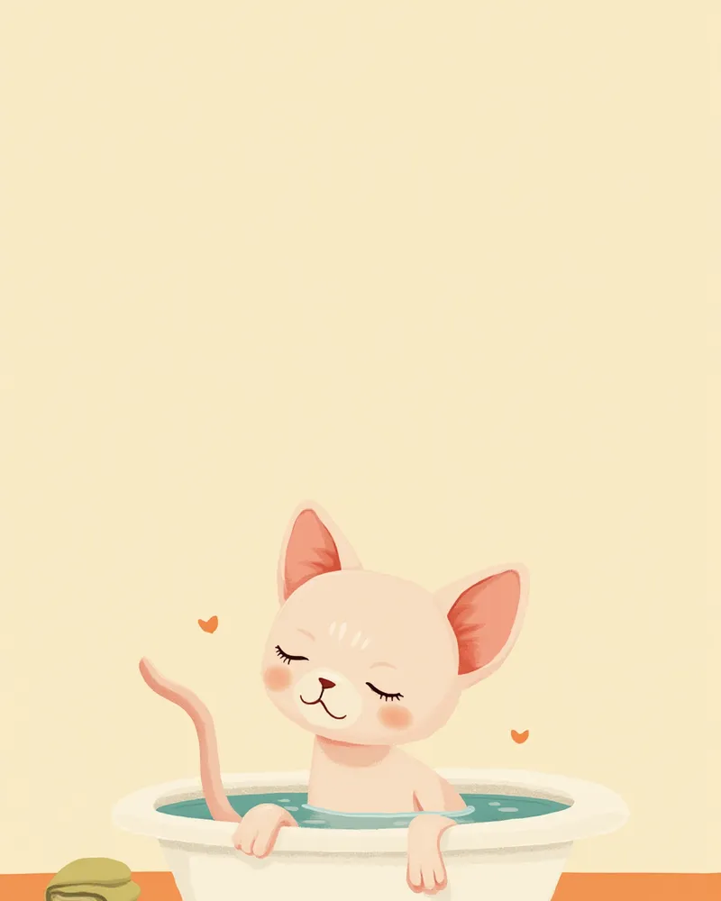 따뜻한 물에서 목욕 중인 스핑크스 고양이