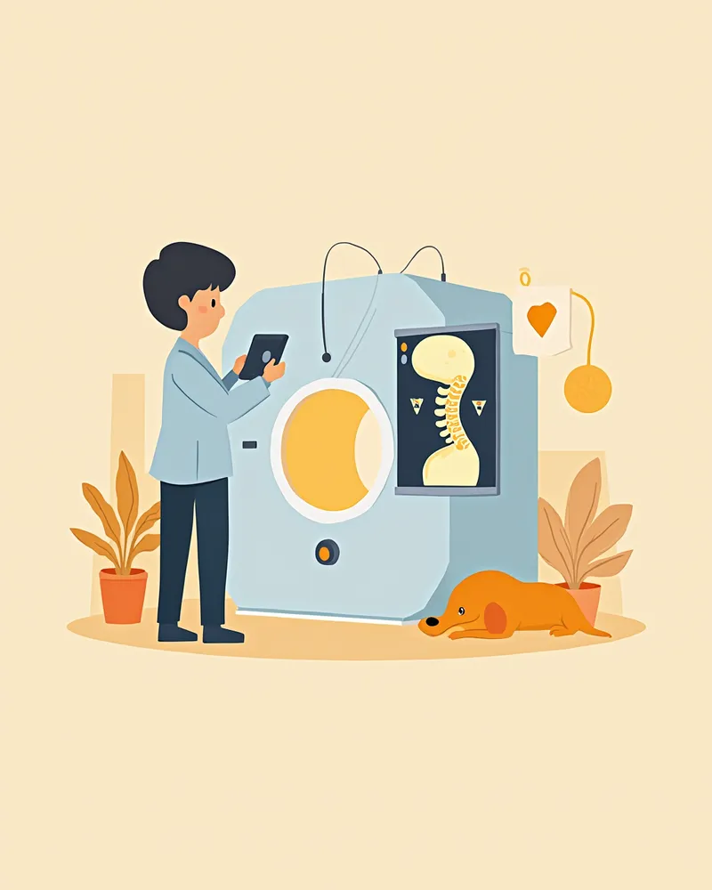 척추 MRI를 검토하는 수의사와 강아지