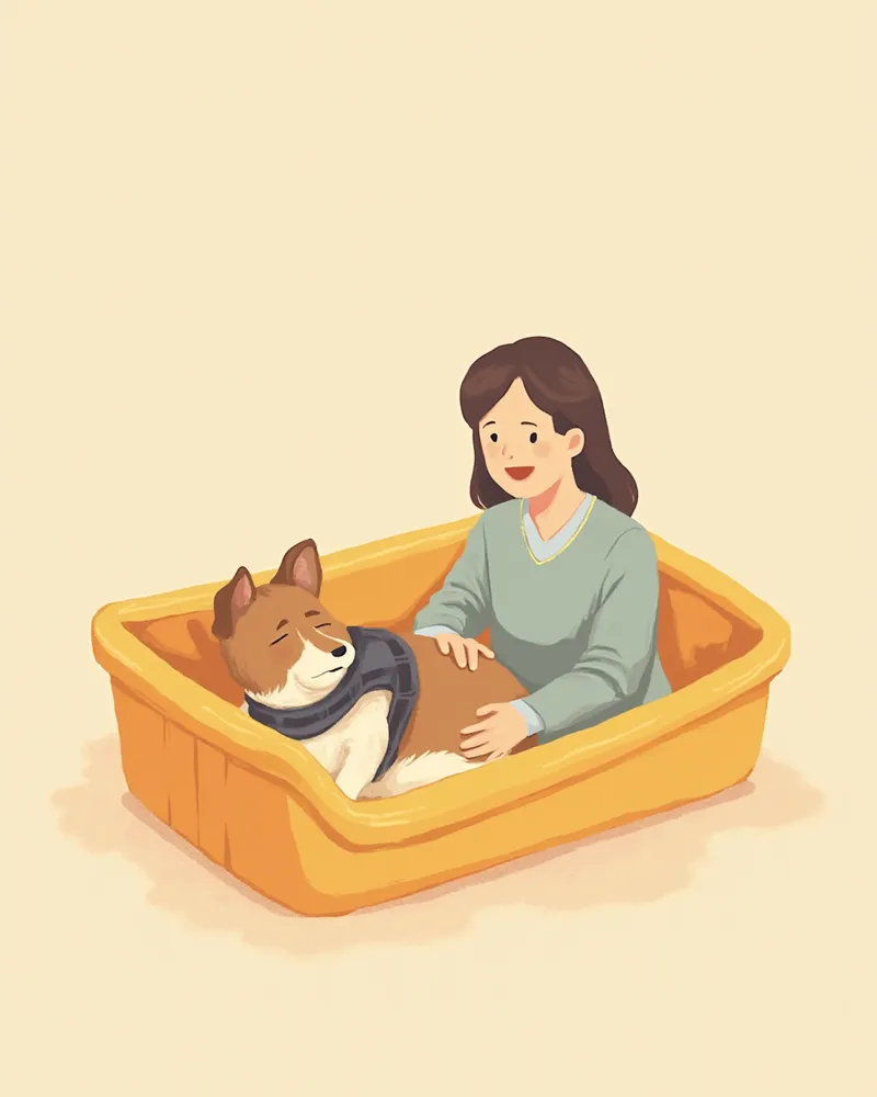 보호대를 착용하고 회복 중인 강아지