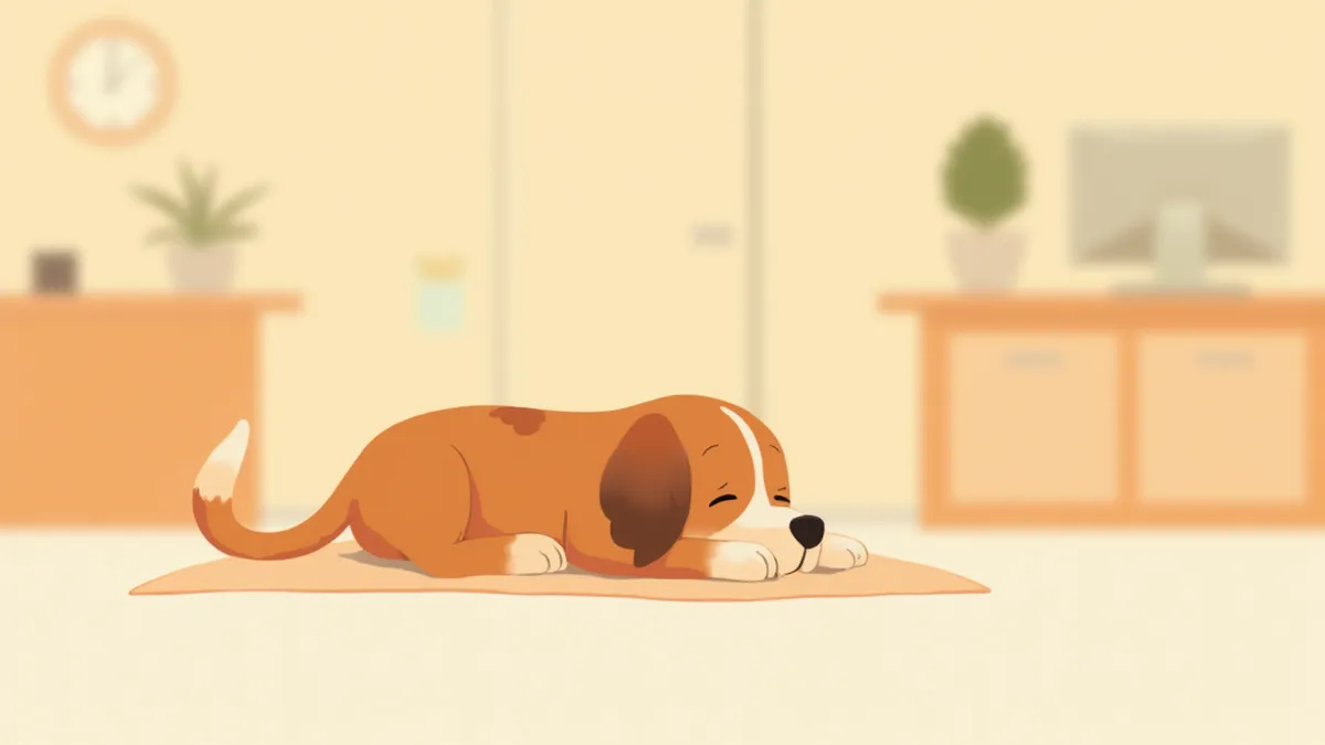 목을 뻣뻣하게 구부린 채 담요 위에 누워있는 어린 대형견