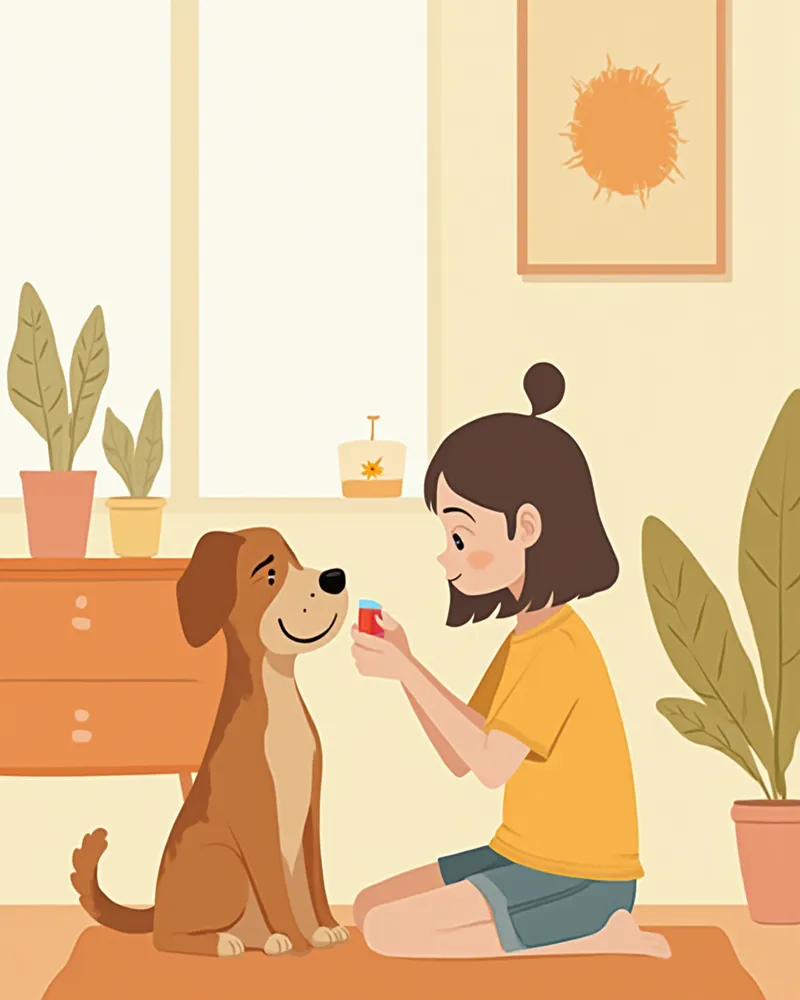 집에서 강아지에게 먹는 약을 조심스럽게 먹이는 보호자