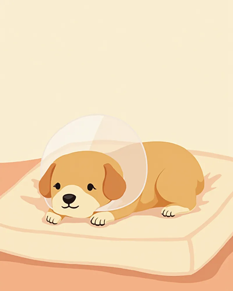 넥카라를 착용하고 집에서 회복 중인 강아지