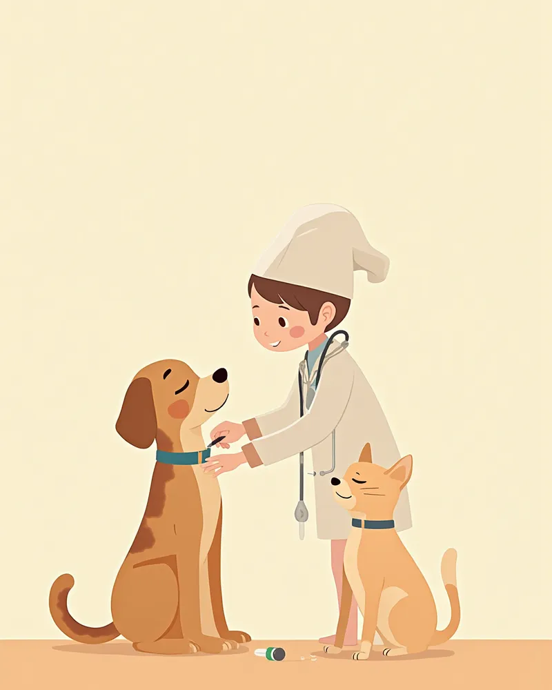 수의사가 강아지에게 바르는 약을 투약하는 일러스트