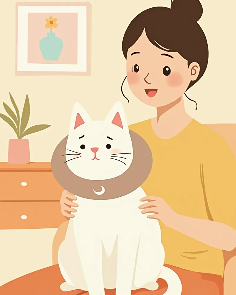 엘리자베스 칼라를 착용한 흰 고양이를 보호자가 돌보는 모습