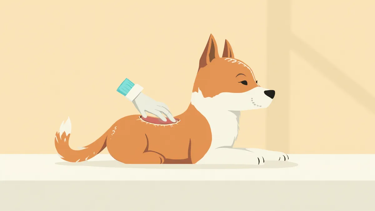 수의사가 강아지 복부 수술 부위의 봉합 상태를 확인하는 모습