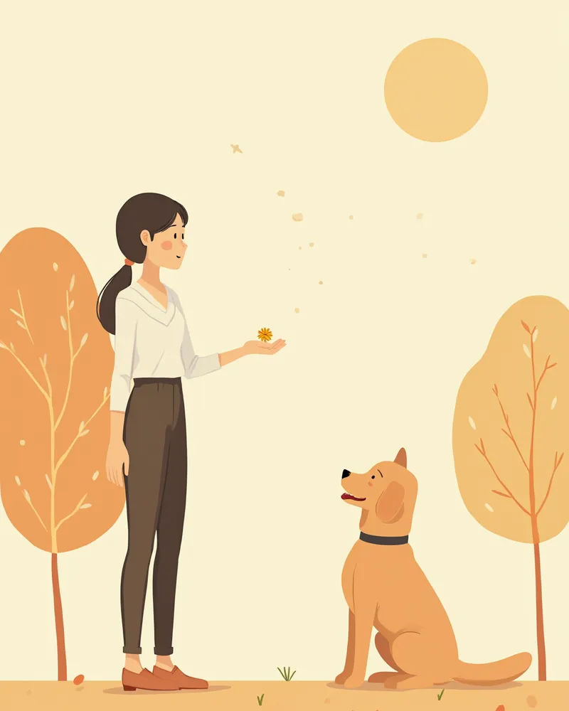 거리를 두고 간식을 주며 낯선 사람에게 둔감화 훈련 중인 강아지